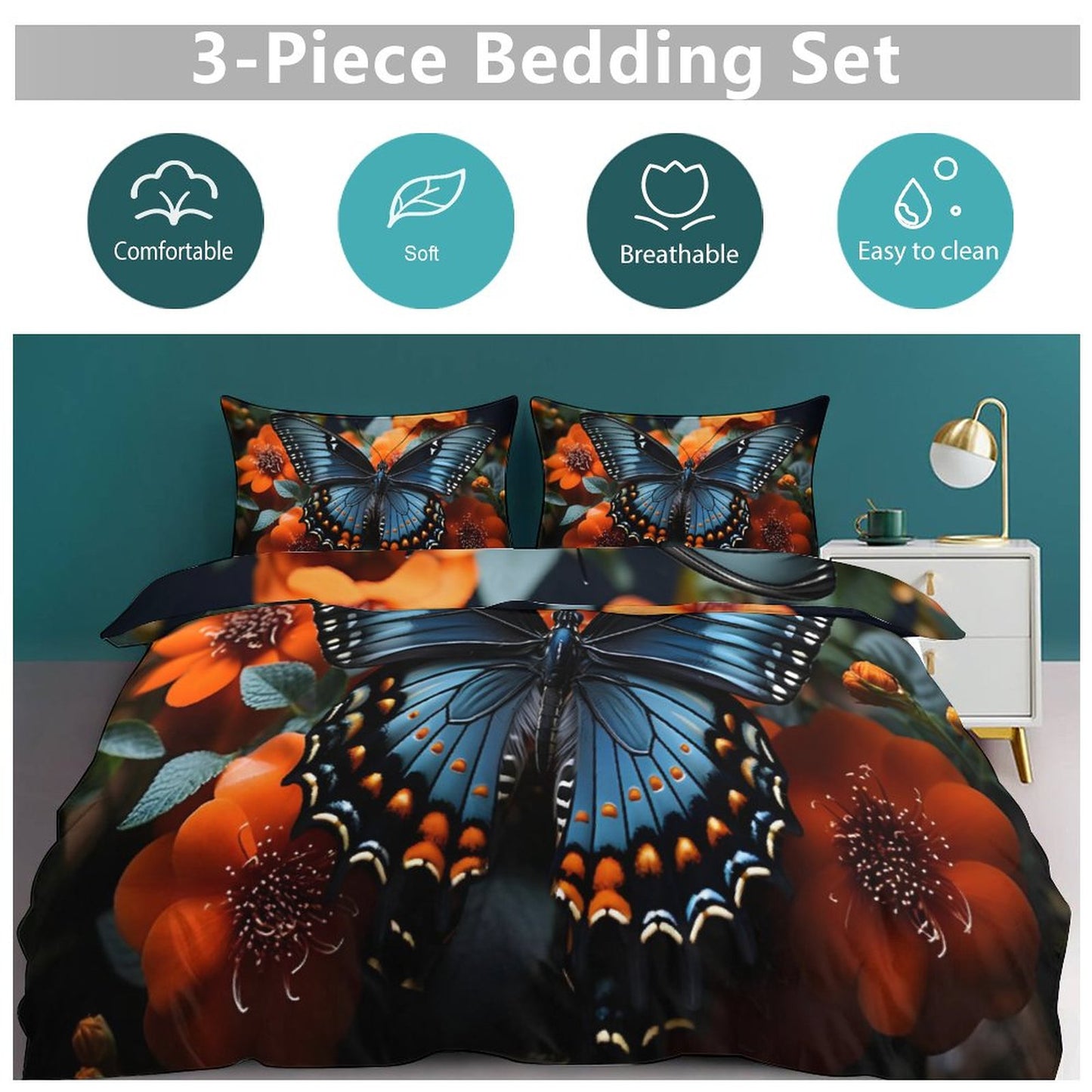 3-Piece Bedding Set-86"×70"/ 218×177cm (Dual-sided Printing)TWIN-BLUE BUTTERFLY