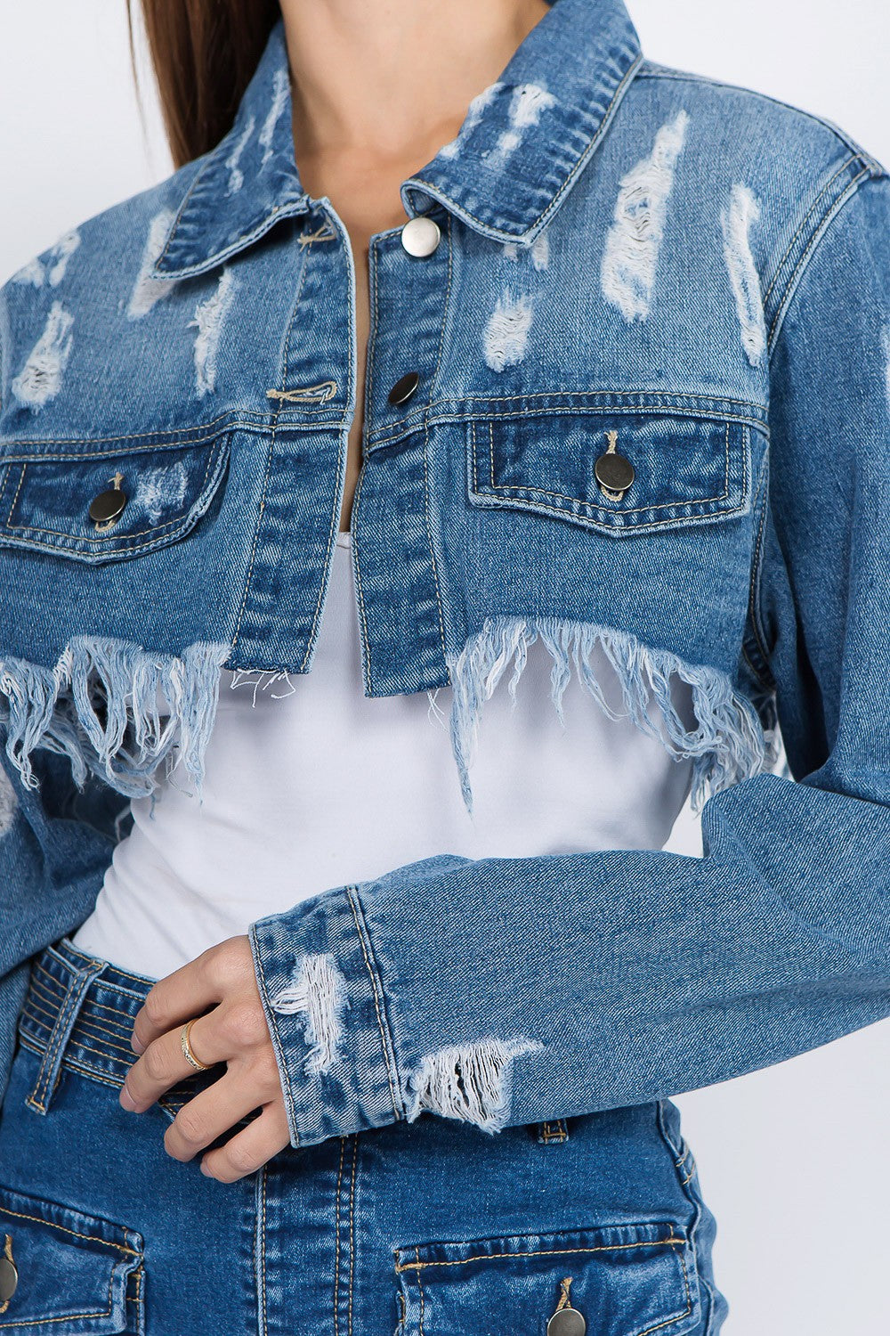American Bazi Distressed Denim Jacket with Frayed Hem (S/M/L)