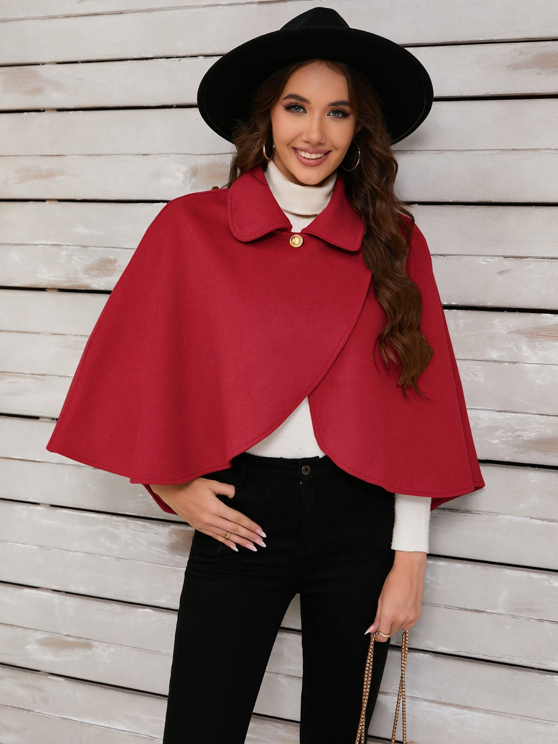 Collared Neck Cropped Cape (deep red/black/camel)-ONE SIZE