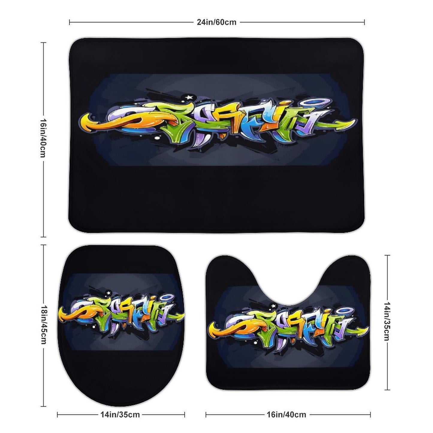 COLORFUL GRAFFITI Coral Velvet Restroom Rug Set of 3-15.7"x23.6"/ 40x60cm