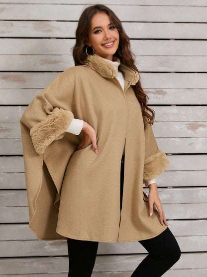 Fuzzy Trim Long Sleeve Poncho (tan/grey/black)
