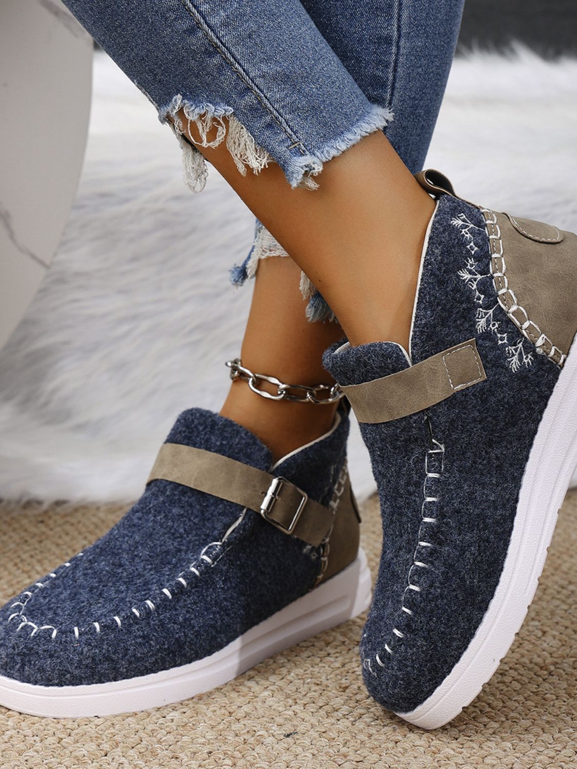 Contrast Round Toe Buckle Loafers (black/dusty blue/grey)