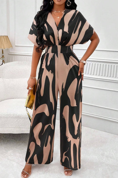 Printed V-Neck Short Sleeve Wide Leg Jumpsuit (black/orange/brown/green)-SMALL-2XL