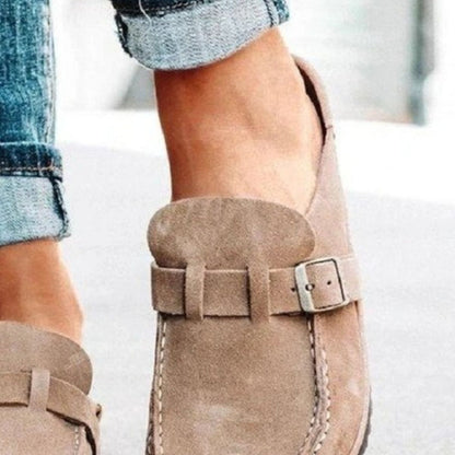 Round Toe Low Heel Buckle Loafers (khaki/black/purple/sage/caramel)