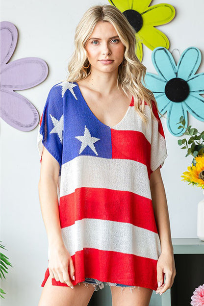 First Love Full Size USA Flag Drop Shoulder Knit Top-SMALL-3XL