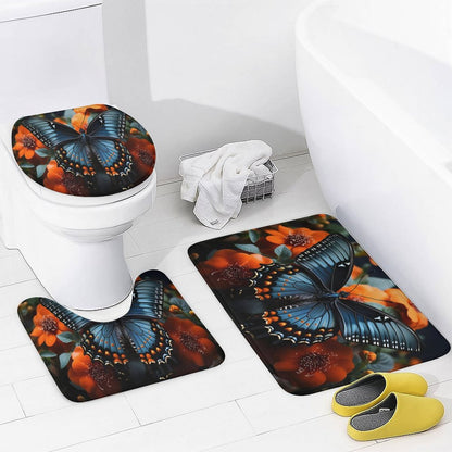 Shower Curtain Set with 3 Rugs-BLUE BUTTERFLY