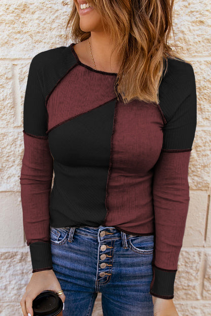 Color Block Round Neck Long Sleeve Blouse (brown/grey/white/kaki/burgundy/blue/green)-S-XL