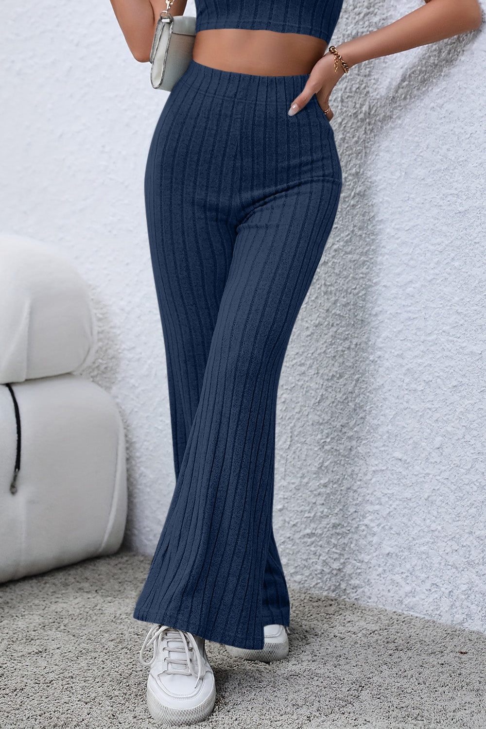 0N SALE:::Full Size Ribbed High Waist Flare Pants (black/blue/teal/grey)-SMALL-3XL