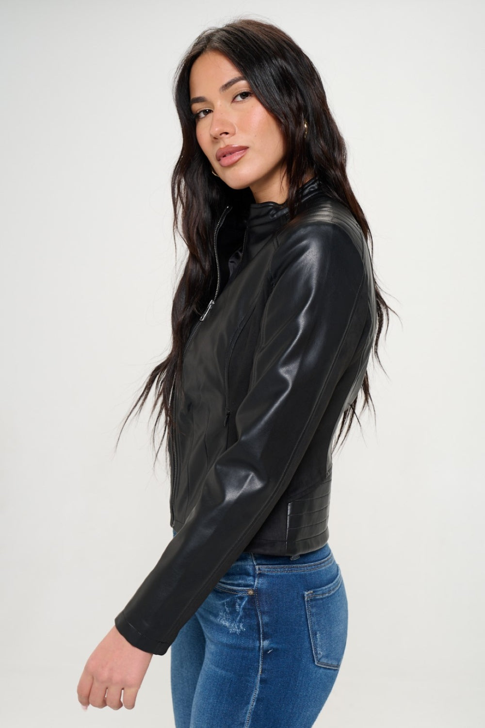 Zip Up Moto Vegan Leather Jacket-S-XL