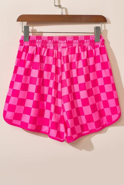 Drawstring Checkered Shorts with Pockets (black/hot pink)-S-XL