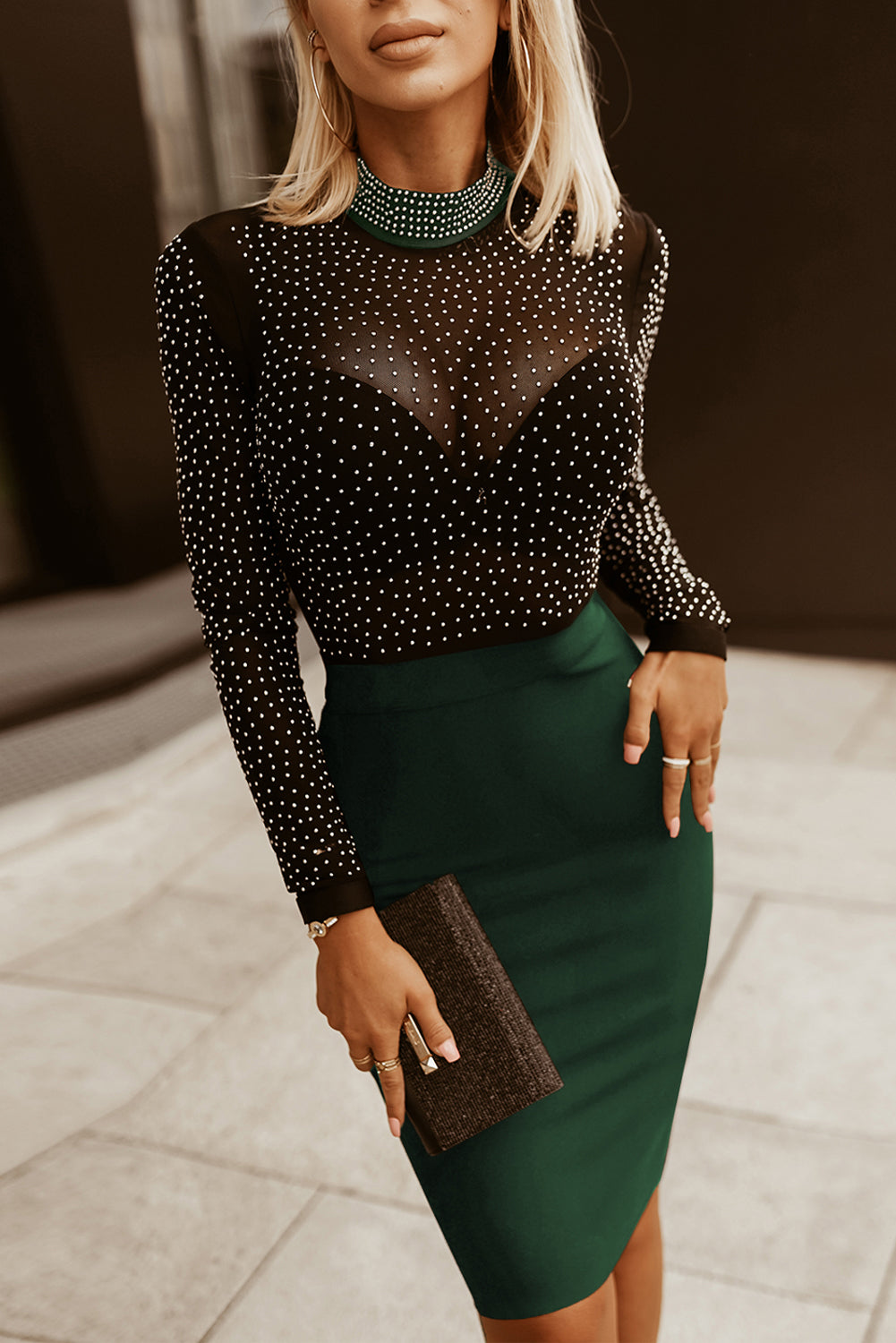 Rhinestone Mock Neck Long Sleeve Dress (black/dark green)-S-XL