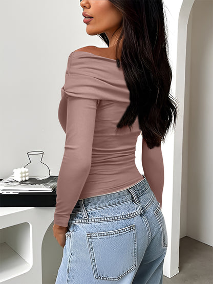 Ruched One Shoulder Long Sleeve Shirt (tan/grey/chocolate/pink/mocha/white/black)-S-XL
