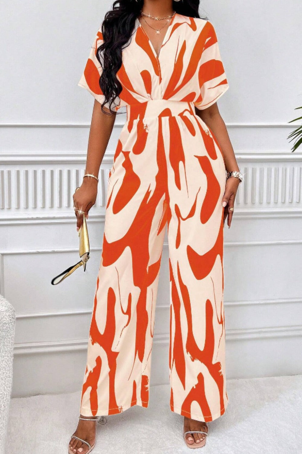 Printed V-Neck Short Sleeve Wide Leg Jumpsuit (black/orange/brown/green)-SMALL-2XL