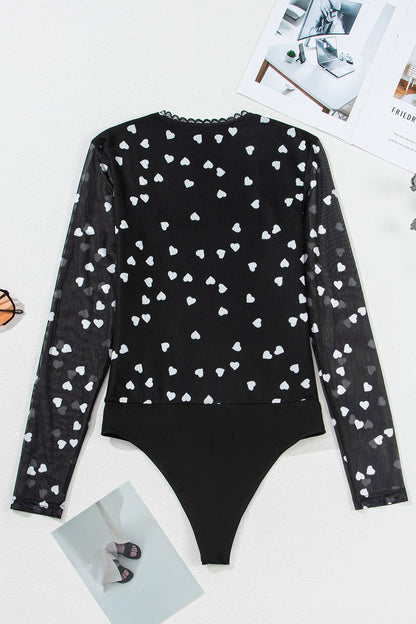 Heart Square Neck Long Sleeve Bodysuit-S-XL