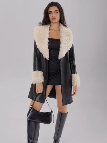 Fuzzy Long Sleeve Longline PU Leather Coat-SMALL-XL