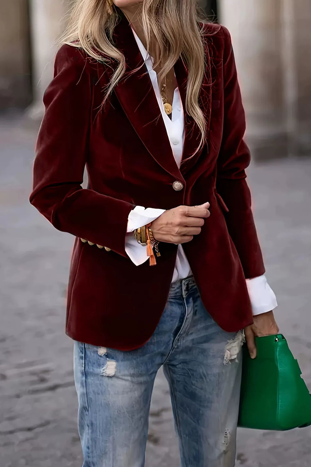 Velvet Lapel Collar One Button Blazer-S-2XL