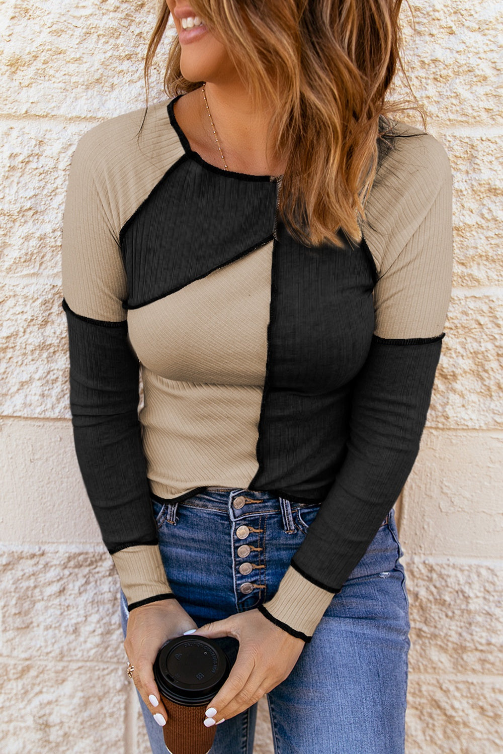 Color Block Round Neck Long Sleeve Blouse (brown/grey/white/kaki/burgundy/blue/green)-S-XL