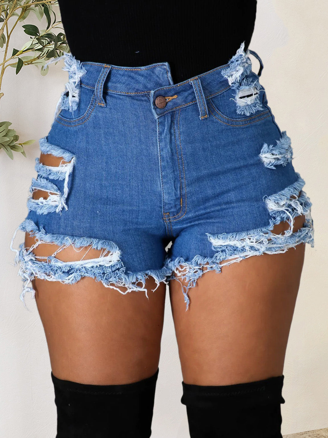 Distressed Raw Hem Denim Shorts with Pockets-SMALL-2XL