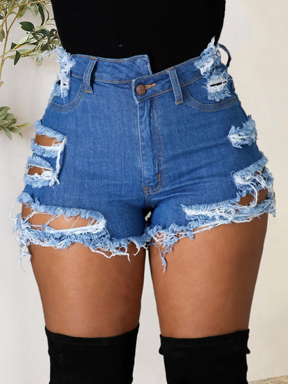 Distressed Raw Hem Denim Shorts with Pockets-SMALL-2XL