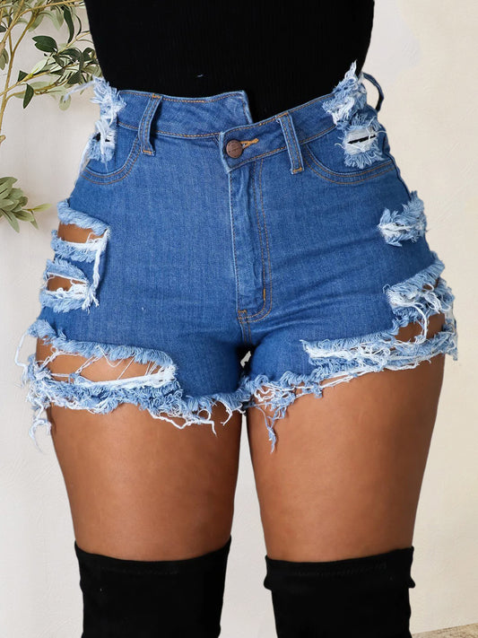 Distressed Raw Hem Denim Shorts with Pockets-SMALL-2XL