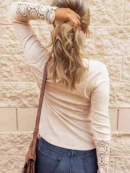 Lace Detail Half Button Round Neck Long Sleeve Shirt-S-2XL