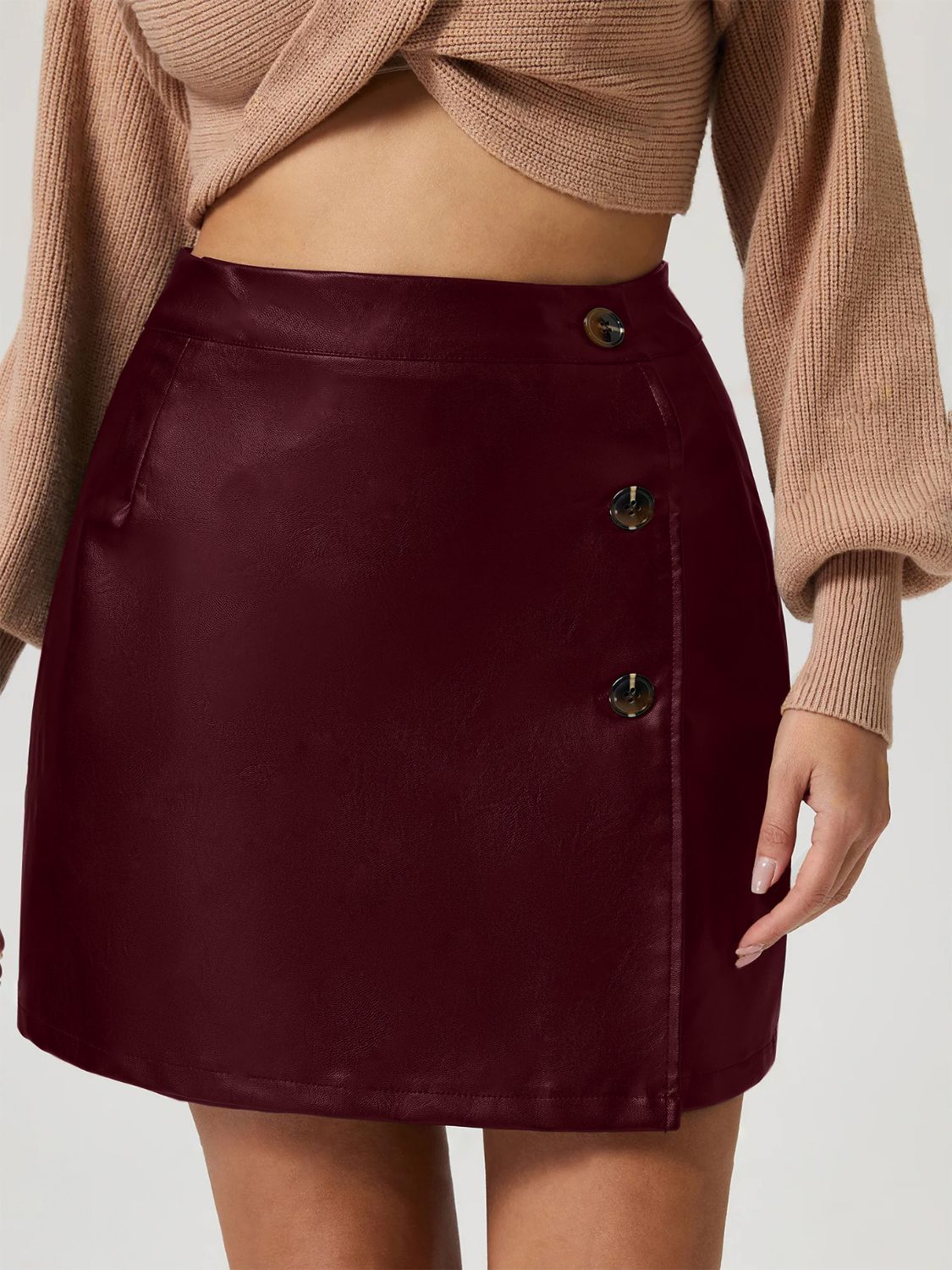 PU Leather Buttoned High Rise Mini Skirt (black/burgundy)-S-XL