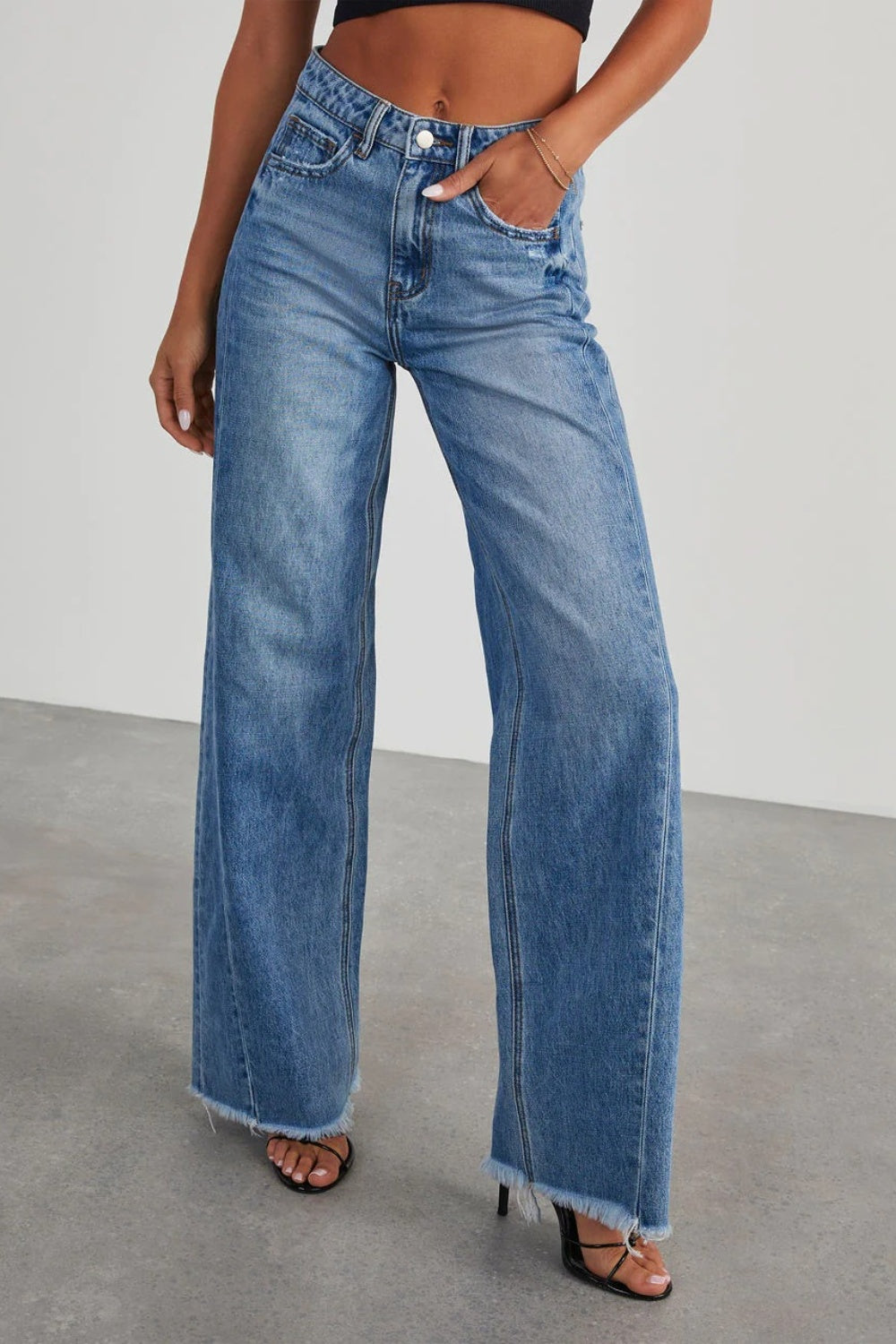 Raw Hem Wide Leg Jeans with Pockets-SMALL-XL
