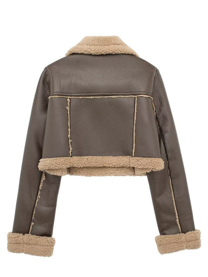 Collared Neck Long Sleeve Plush Cropped Leather Jacket (chocolate & white/black & white/mustard & white/black & reddish brown/brown & reddish brown/coffee brown/burgundy)-SMALL-LARGE