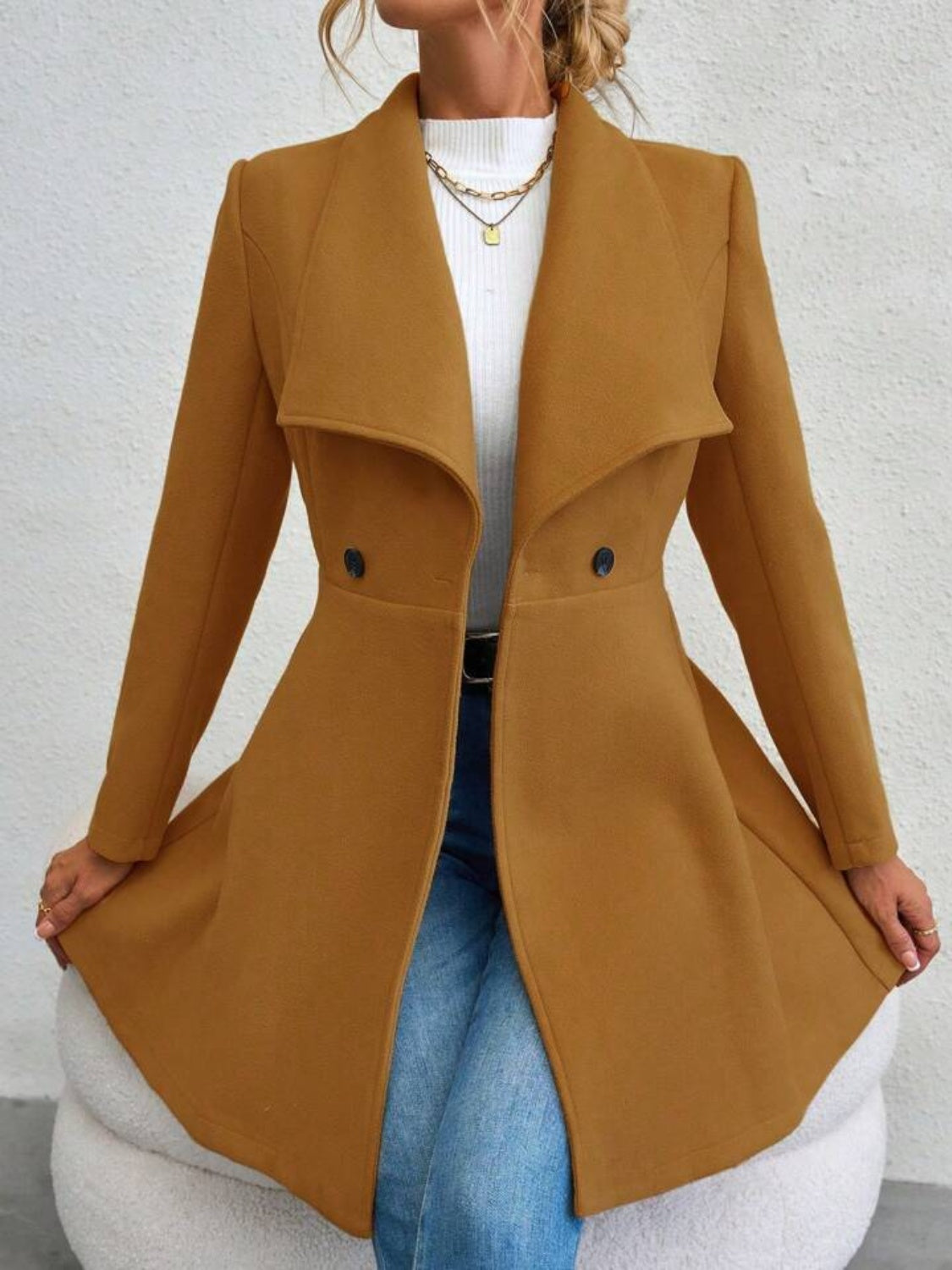Collared Neck Button Up Long Sleeve Coat (red/black/tan/tan/mustard)-SMALL-XL