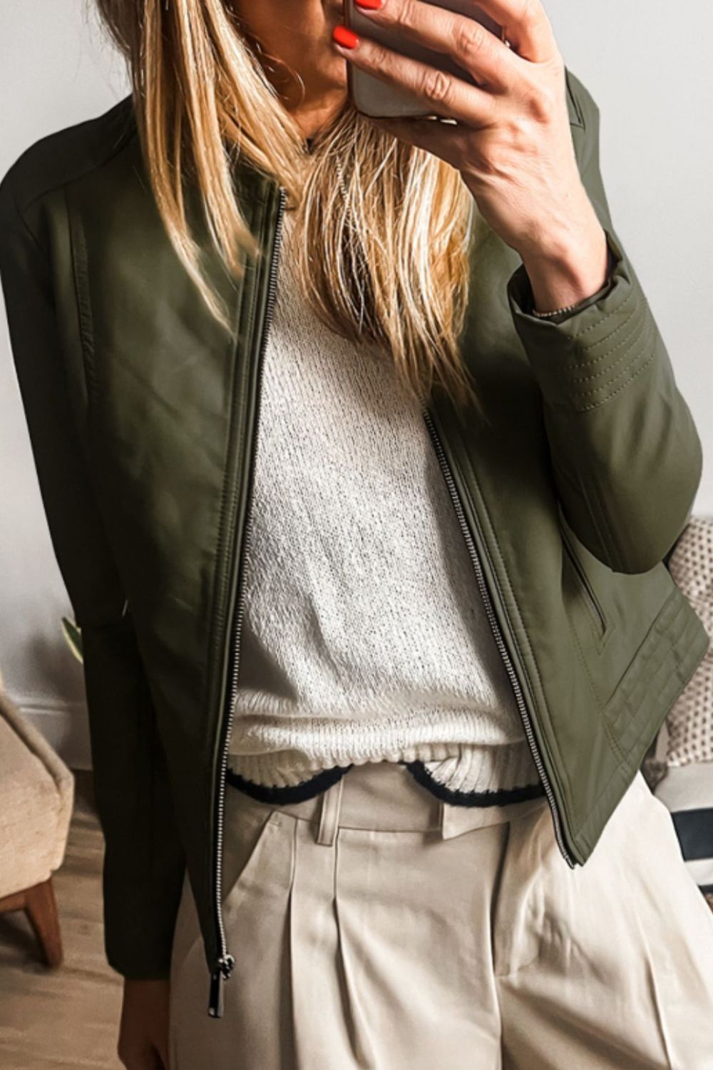 PU Leather Round Neck Long Sleeve Jacket (green/taupe/black)-SMALL-XL