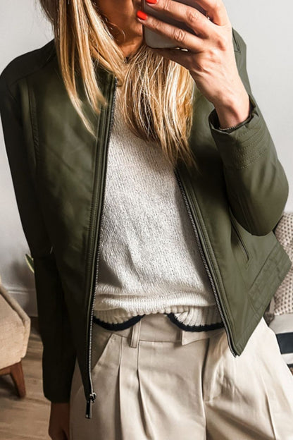 PU Leather Round Neck Long Sleeve Jacket (green/taupe/black)-SMALL-XL