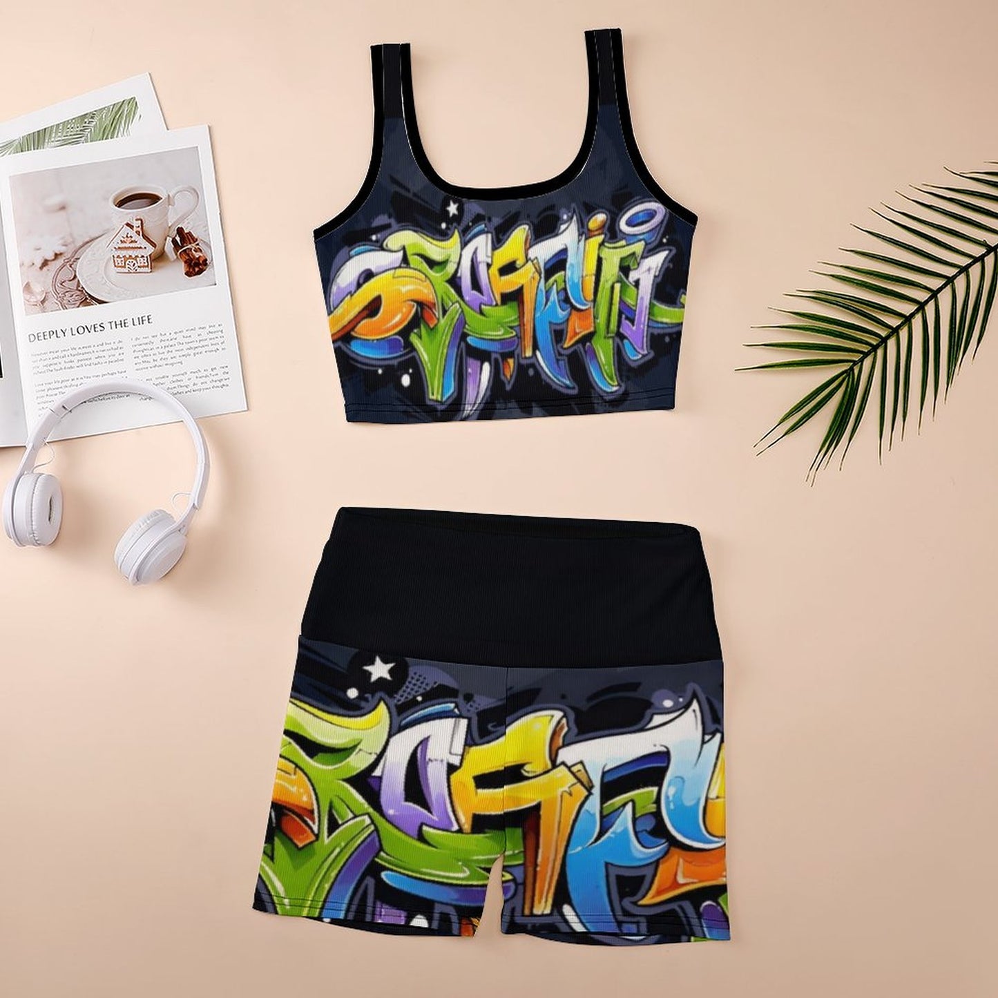 COLORFUL GRAFFITI Ribbed Yoga Set-SMALL-2XL