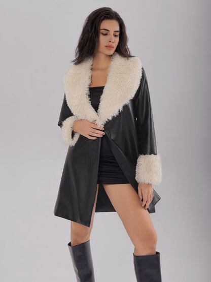 Fuzzy Long Sleeve Longline PU Leather Coat-SMALL-XL