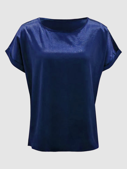 Satin Round Neck Short Sleeve Blouse (black/white/royal blue/lilac/pink/blue/burgundy/green)-SMALL-2XL