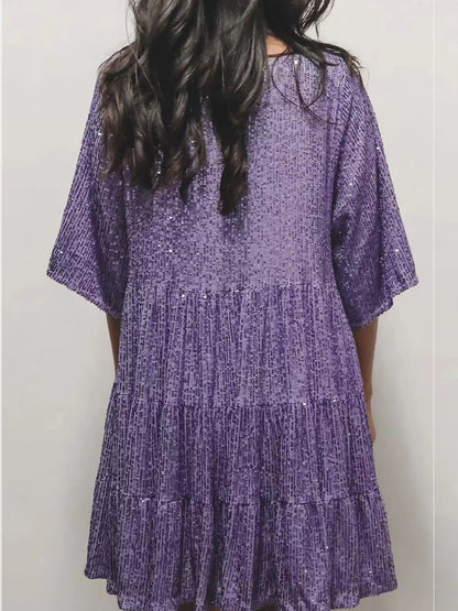 Full Size Sequin Round Neck Half Sleeve Mini Dress-SMALL-3XL (Many colors)