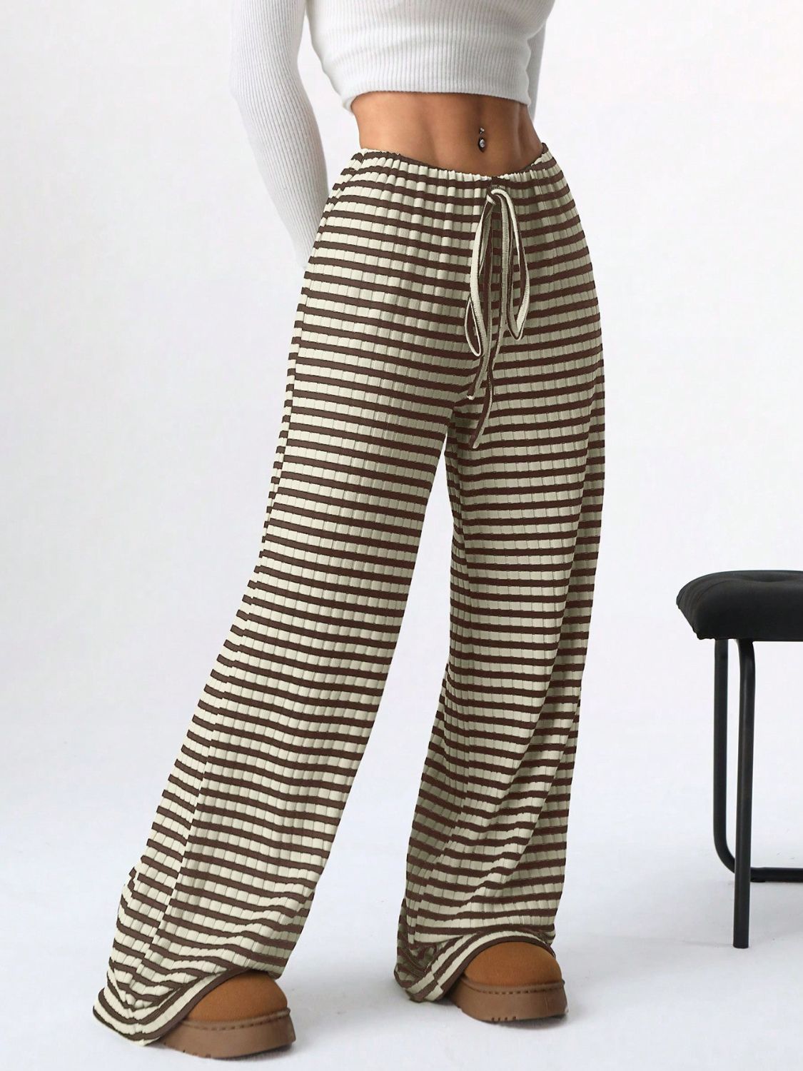 Tied Striped Wide Leg Pants (pink/grey/black/blue/taupe)-SMALL-2XL