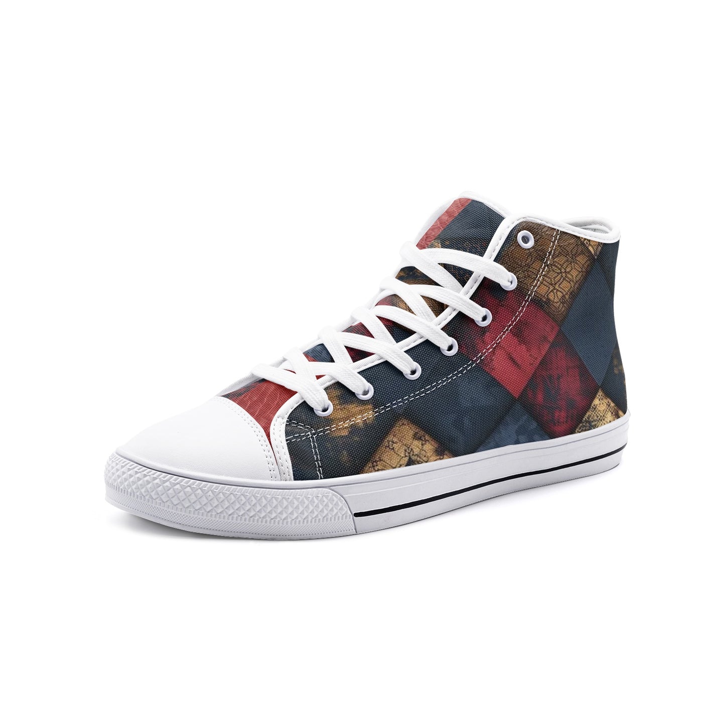 TRIANGLES & LEATHER Unisex High Top Sneakers (white or black soles)