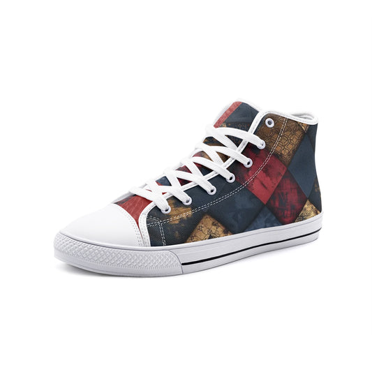 TRIANGLES & LEATHER Unisex High Top Sneakers (white or black soles)
