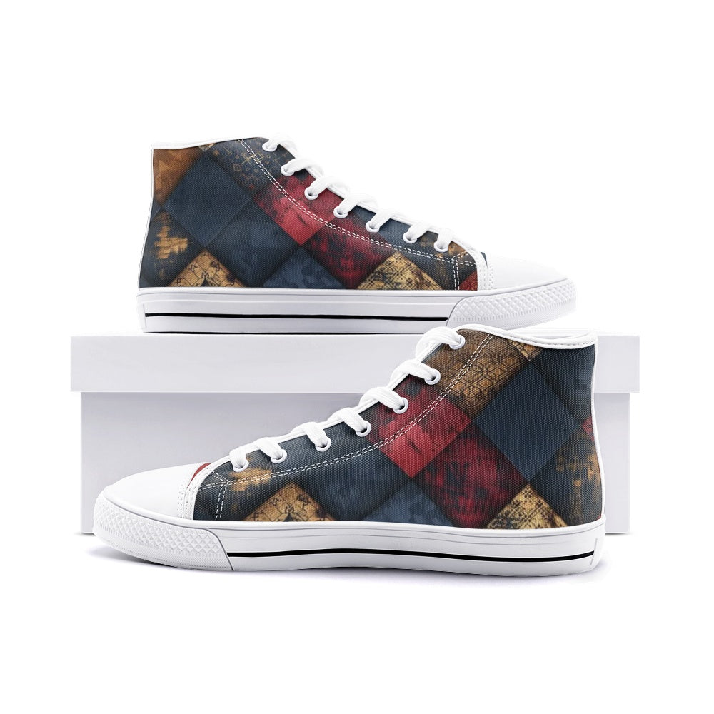 TRIANGLES & LEATHER Unisex High Top Sneakers (white or black soles)