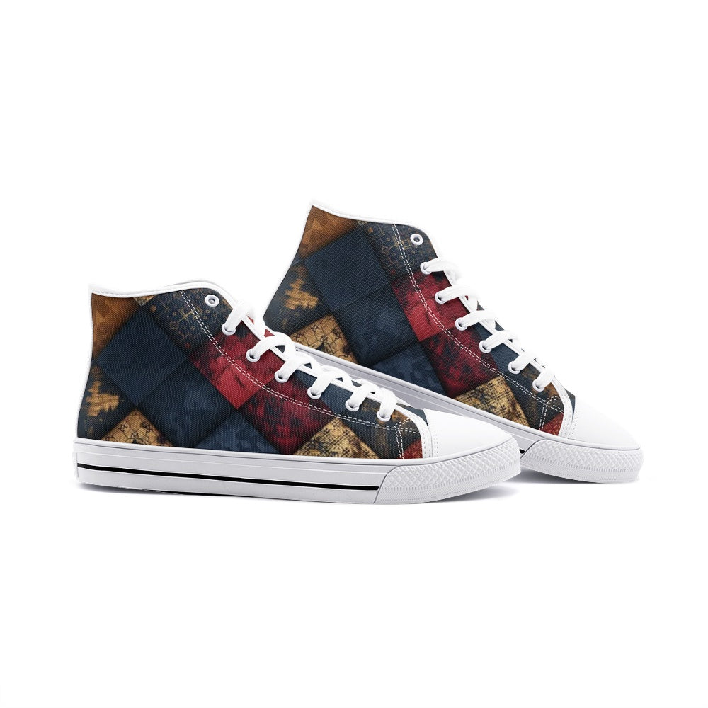 TRIANGLES & LEATHER Unisex High Top Sneakers (white or black soles)