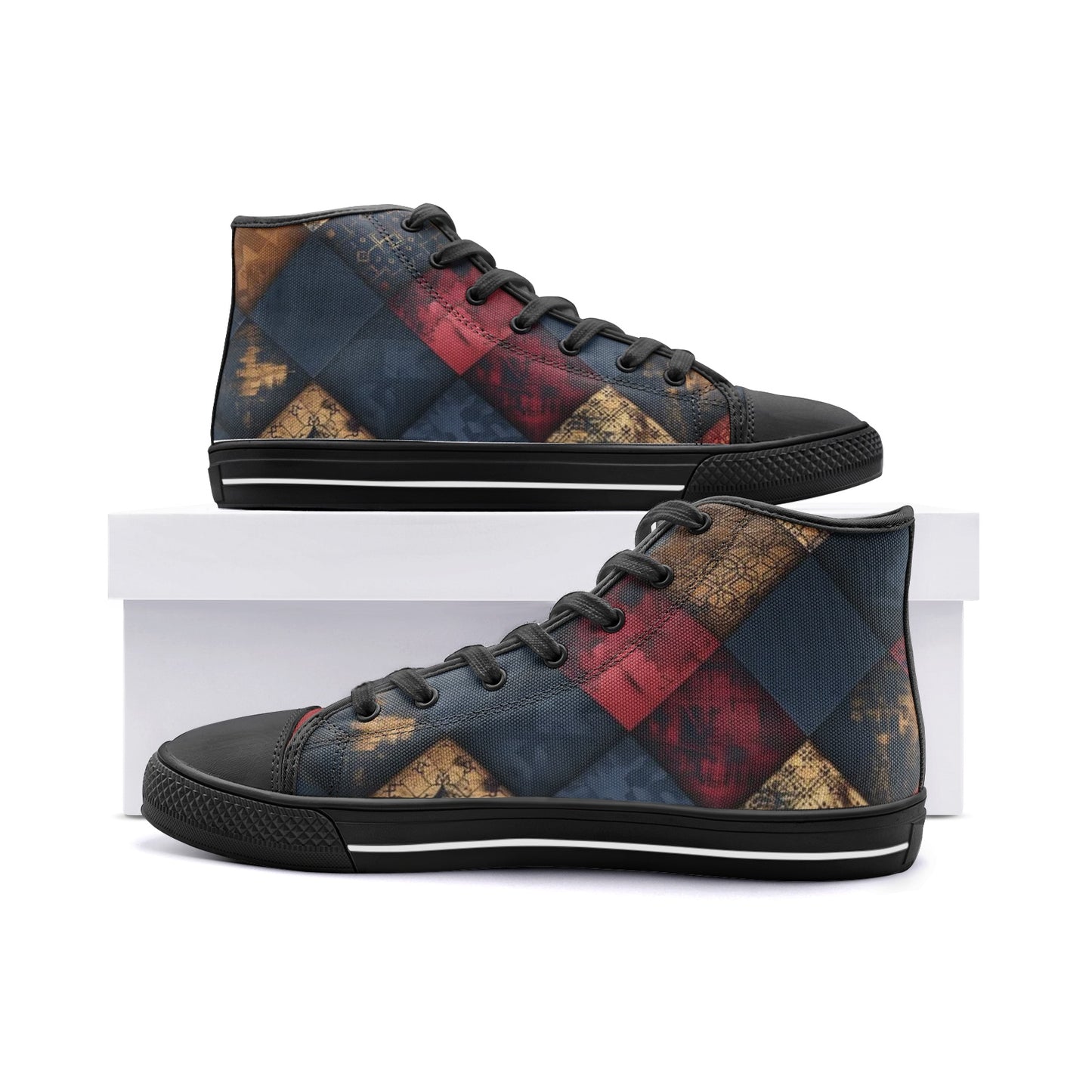TRIANGLES & LEATHER Unisex High Top Sneakers (white or black soles)