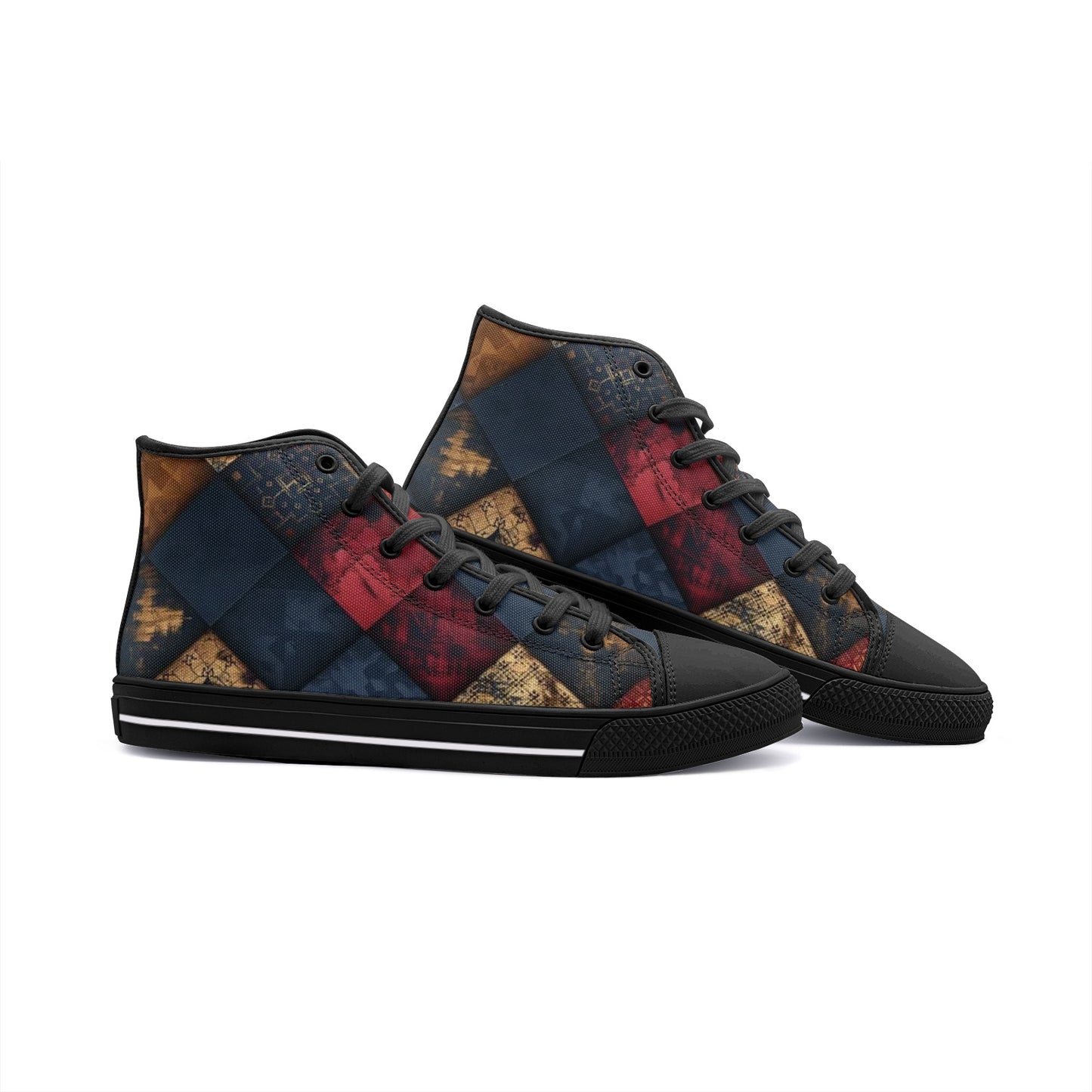 TRIANGLES & LEATHER Unisex High Top Sneakers (white or black soles)