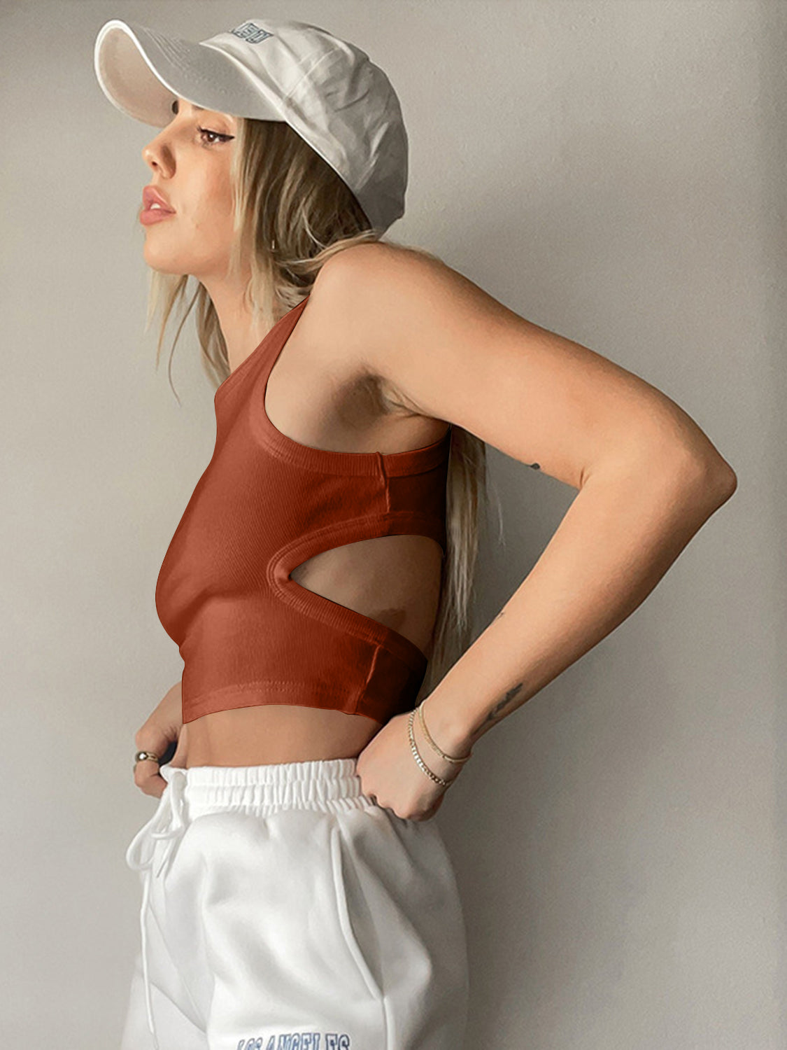 Cutout Round Neck Tank-*XS-L (white/gray/moss/orange/black/caramel/mid green/lemon/lavender)