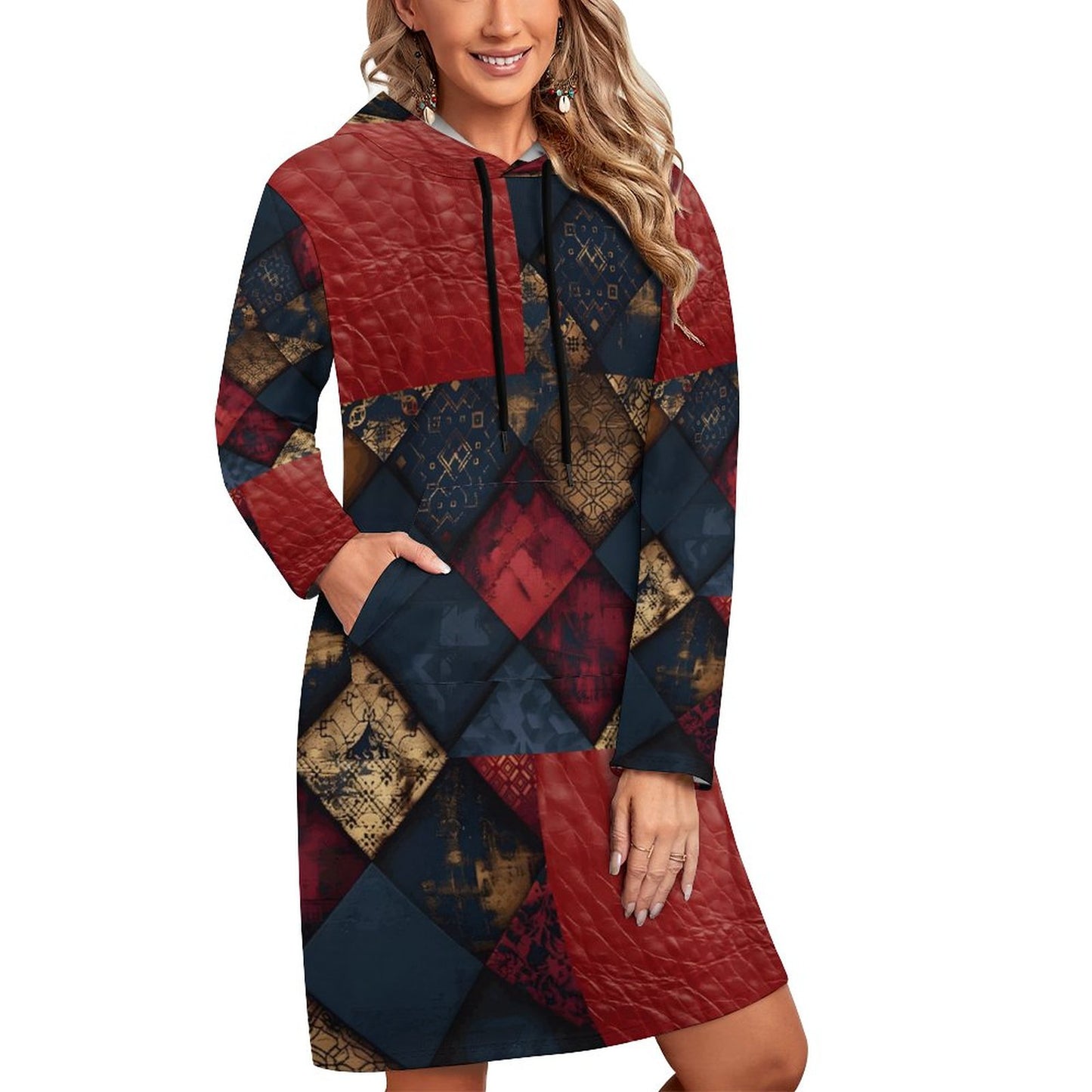 TRIANGLES & LEATHER Long Sleeve Hoodie Dress-SMALL-5XL