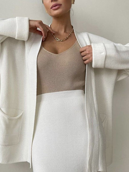 Pocketed Long Sleeve Cardigan and Skirt Sweater Set (cream/camel/lt. green/grey/black) ONE SIZE