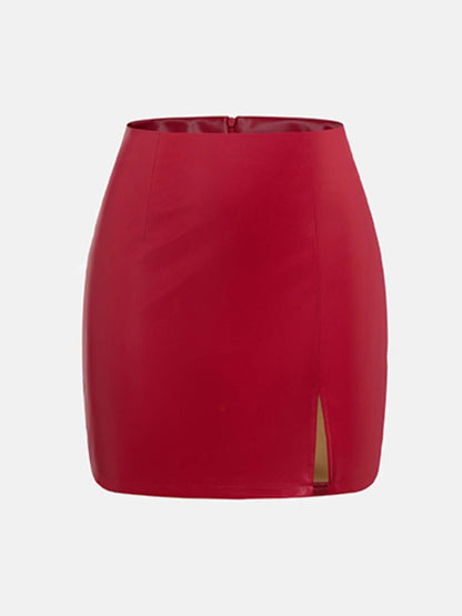 PU Leather Slit Mini Skirt with Zipper (black/red/burgundy)-SMALL-XL