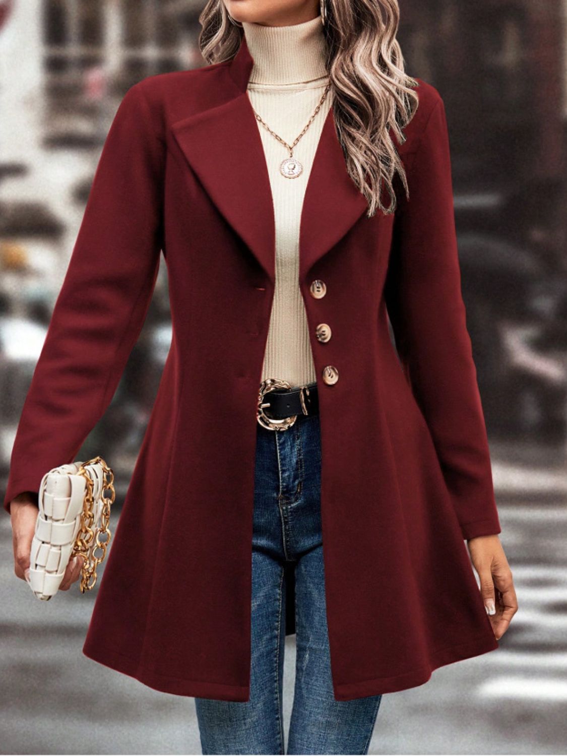 Collared Neck Button Up Long Sleeve Coat-SMALL-XL