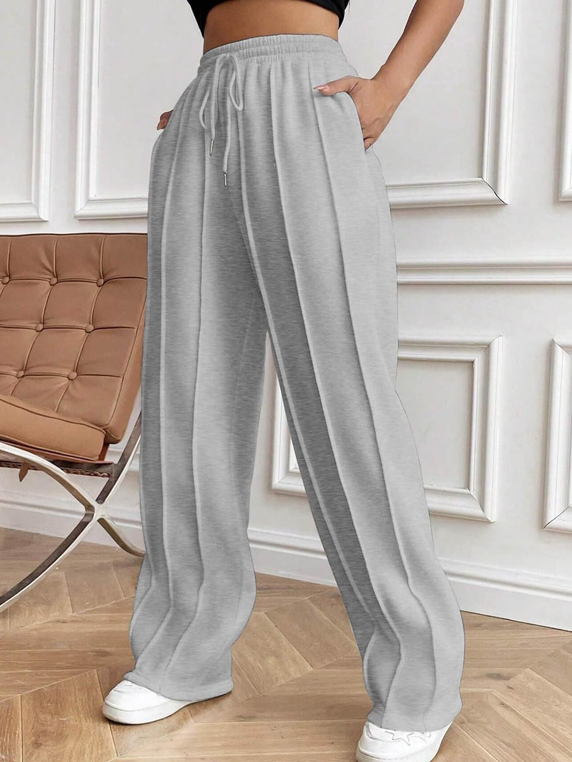 Drawstring Elastic Waist Pants with Pockets (white/black/grey/brown/dusty pink)-XS-2XL