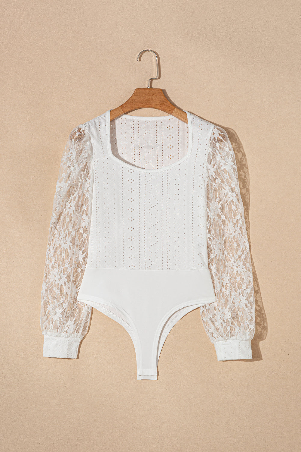 Eyelet Lace Long Sleeve Bodysuit (white/black)-SMALL-XL