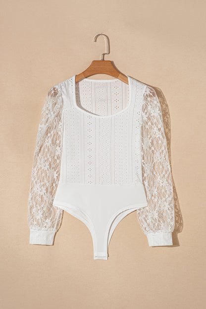 Eyelet Lace Long Sleeve Bodysuit (white/black)-SMALL-XL